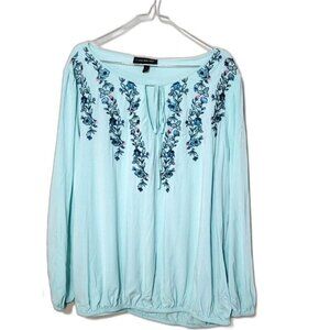 Lane Bryant Womens sz 22 blue floral long bishop sleeve blouse vneck front tie